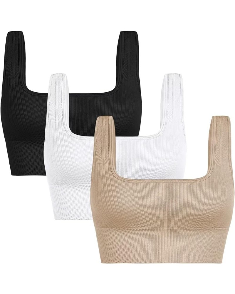 Women's Sports Bra Padded Workout Set Crop Tank Tops Bralette Ribbed Seamless Gym Longline Black+white+beige $13.56 Tanks