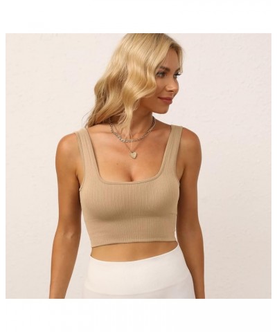 Women's Sports Bra Padded Workout Set Crop Tank Tops Bralette Ribbed Seamless Gym Longline Black+white+beige $13.56 Tanks