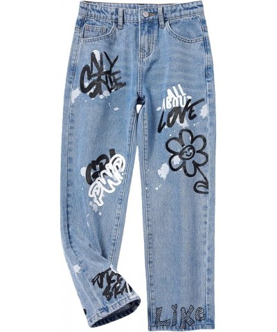 Girl's Butterfly Print Elastic Waist Wide Leg Ripped Jeans Denim Pants Light Wash Floral $20.64 Jeans