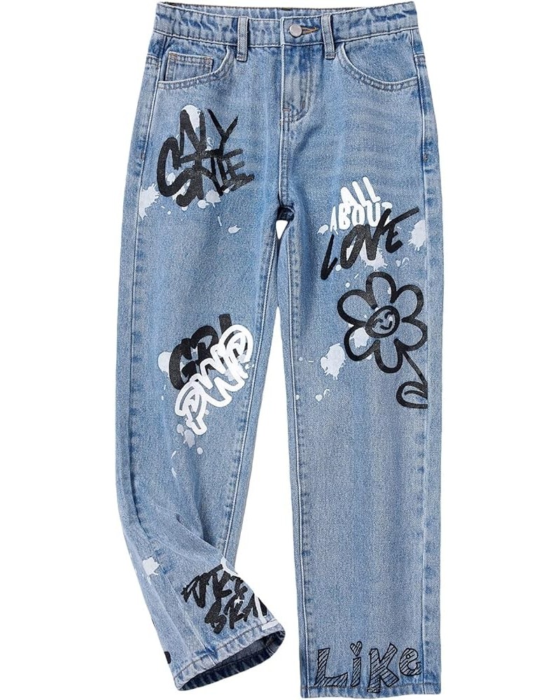 Girl's Butterfly Print Elastic Waist Wide Leg Ripped Jeans Denim Pants Light Wash Floral $20.64 Jeans