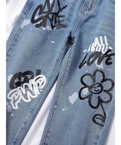 Girl's Butterfly Print Elastic Waist Wide Leg Ripped Jeans Denim Pants Light Wash Floral $20.64 Jeans