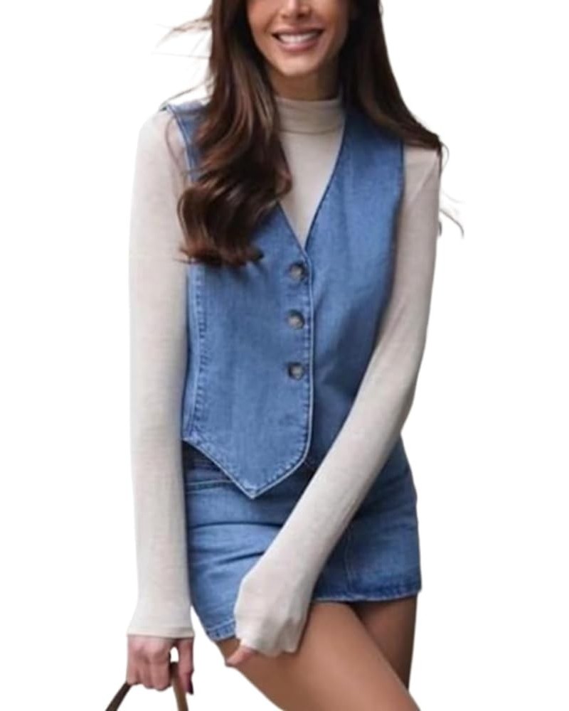 Women Vintage Y2K Denim Vest Sleeveless V Neck Button Down Cropped Jean Waistcoat Vest Retro Streetwear Tank Top M-blue $11.7...