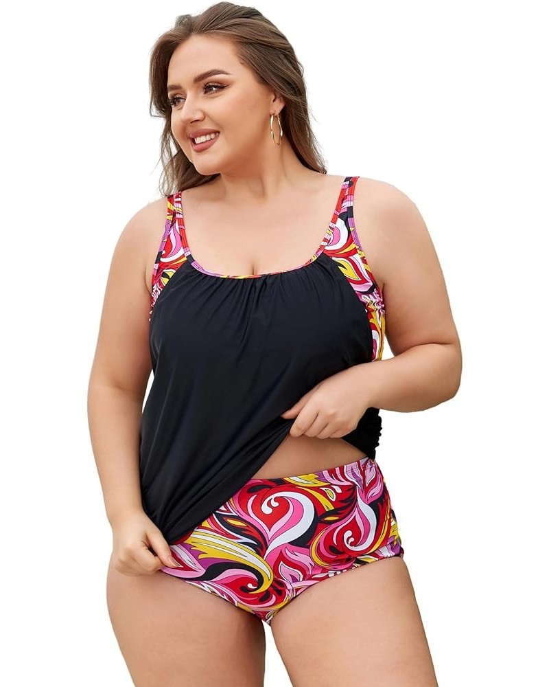 Women Plus Size Tummy Control Tankini Swimsuits Color Block with Bottom Two Pieces Bathing Suits Rose Red $21.45 Swimsuits