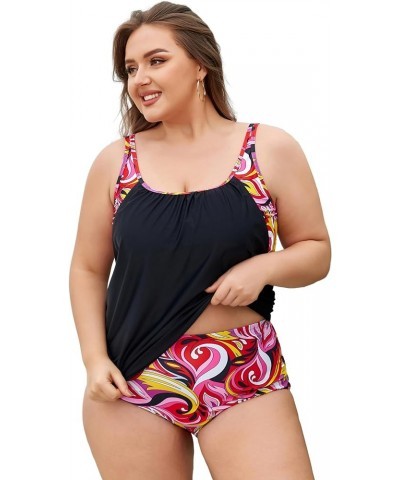 Women Plus Size Tummy Control Tankini Swimsuits Color Block with Bottom Two Pieces Bathing Suits Rose Red $21.45 Swimsuits