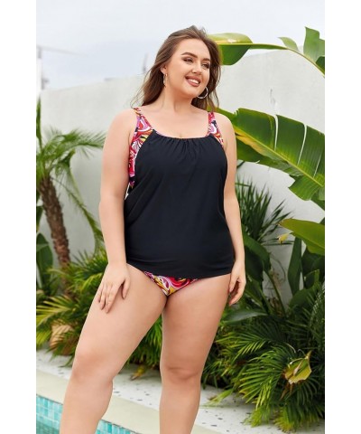 Women Plus Size Tummy Control Tankini Swimsuits Color Block with Bottom Two Pieces Bathing Suits Rose Red $21.45 Swimsuits