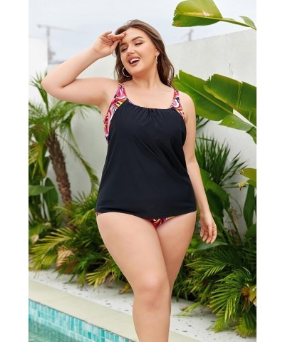 Women Plus Size Tummy Control Tankini Swimsuits Color Block with Bottom Two Pieces Bathing Suits Rose Red $21.45 Swimsuits