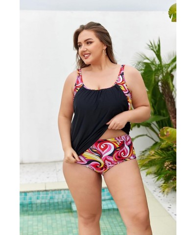 Women Plus Size Tummy Control Tankini Swimsuits Color Block with Bottom Two Pieces Bathing Suits Rose Red $21.45 Swimsuits