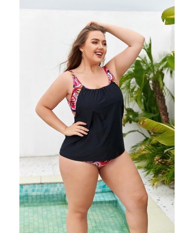 Women Plus Size Tummy Control Tankini Swimsuits Color Block with Bottom Two Pieces Bathing Suits Rose Red $21.45 Swimsuits