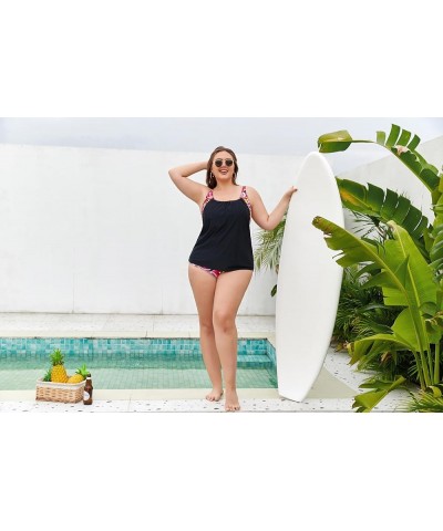 Women Plus Size Tummy Control Tankini Swimsuits Color Block with Bottom Two Pieces Bathing Suits Rose Red $21.45 Swimsuits