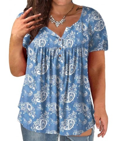 Women's Plus Size Henley Shirts Flowy Summer Tops Pleated Buttons Up Tunics Floral_003 $13.20 Tops