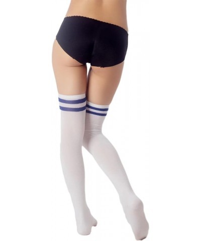 Women's Navy Stripes Sports Football Style Hold-up Thigh High Long Socks White & Royal $8.12 Activewear