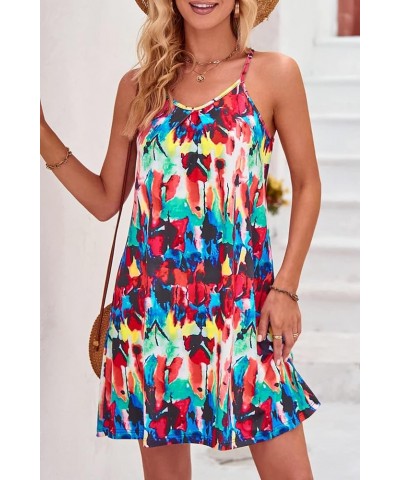 Women's 2024 Summer Casual Beach Dresses Cover Ups Floral V Neck Spaghetti Strap Backless Mini Sun Dress Floral W $12.32 Swim...