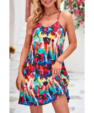 Women's 2024 Summer Casual Beach Dresses Cover Ups Floral V Neck Spaghetti Strap Backless Mini Sun Dress Floral W $12.32 Swim...