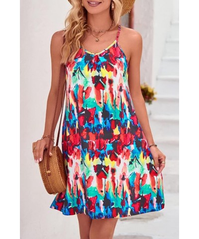 Women's 2024 Summer Casual Beach Dresses Cover Ups Floral V Neck Spaghetti Strap Backless Mini Sun Dress Floral W $12.32 Swim...