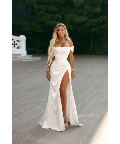 Women's Off The Shoulder Mermaid Prom Dress with Slit Satin Bridesmaid Dresses Long Corset Formal Party Gown Silver $24.00 Dr...