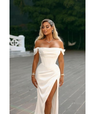 Women's Off The Shoulder Mermaid Prom Dress with Slit Satin Bridesmaid Dresses Long Corset Formal Party Gown Silver $24.00 Dr...