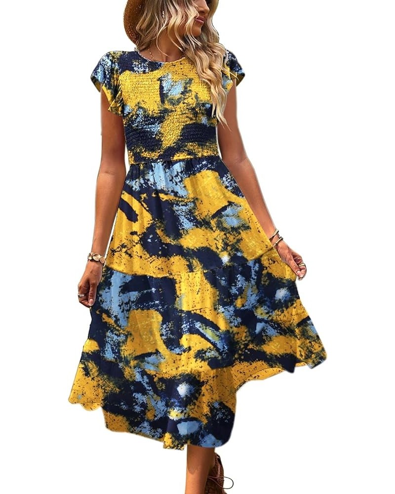 Women Summer Dresses Ruffle Cap Sleeve Casual Dress Boho Smocked Bodice Maxi Dress with Pockets E05 Floral 141 $25.48 Dresses