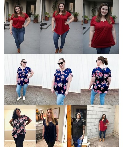 Women's Plus Size Henley Shirts Flowy Summer Tops Pleated Buttons Up Tunics Floral_003 $13.20 Tops