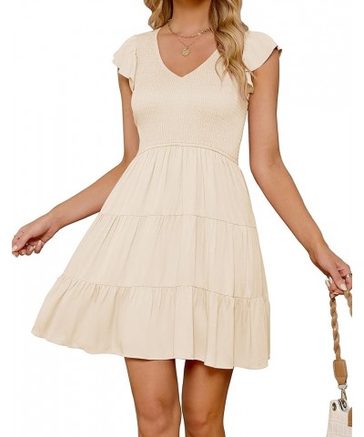 Womens 2024 Summer Casual V Neck Flutter Sleeve Bohemian Ruffle Smocked A Line Swing Mini Dress Beige $26.09 Dresses