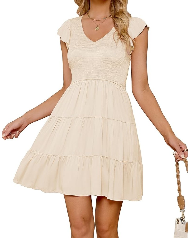 Womens 2024 Summer Casual V Neck Flutter Sleeve Bohemian Ruffle Smocked A Line Swing Mini Dress Beige $26.09 Dresses