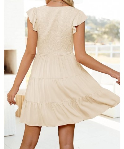 Womens 2024 Summer Casual V Neck Flutter Sleeve Bohemian Ruffle Smocked A Line Swing Mini Dress Beige $26.09 Dresses