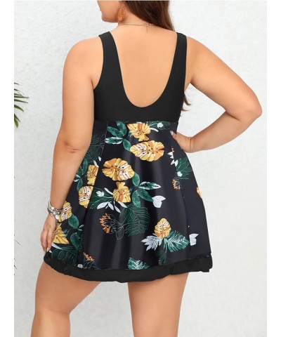 Womens One Piece Shaping Body Floral Swimwear Plus Size Sleeveless Swimdress with Boyshort Black Flower $19.73 Swimsuits