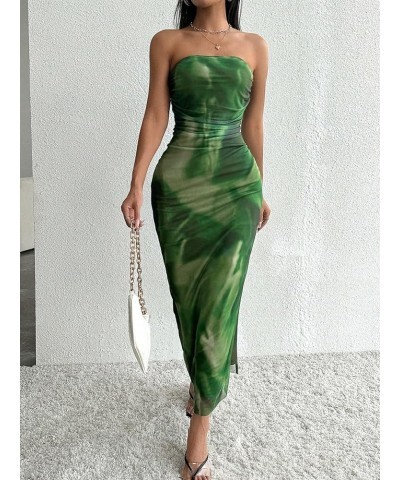 Women's Tie Dye Strapless Ruched Split Thigh Bodycon Long Tube Dress Dark Green $15.48 Dresses