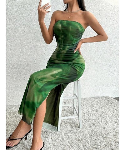 Women's Tie Dye Strapless Ruched Split Thigh Bodycon Long Tube Dress Dark Green $15.48 Dresses