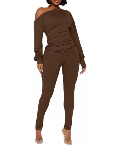 Sexy 2 Piece Outfits for Women One Off Shoulder Tops Ribbed Pant Set Tracksuit Clubwear 6016-coffee $21.41 Jumpsuits