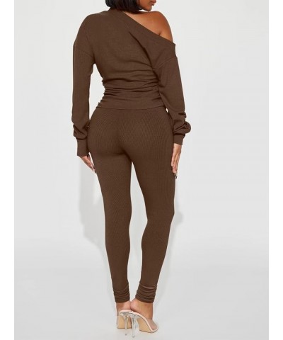 Sexy 2 Piece Outfits for Women One Off Shoulder Tops Ribbed Pant Set Tracksuit Clubwear 6016-coffee $21.41 Jumpsuits