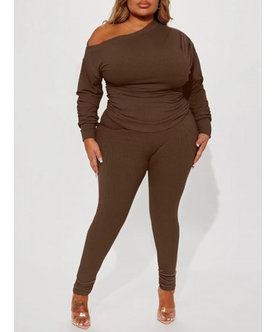 Sexy 2 Piece Outfits for Women One Off Shoulder Tops Ribbed Pant Set Tracksuit Clubwear 6016-coffee $21.41 Jumpsuits