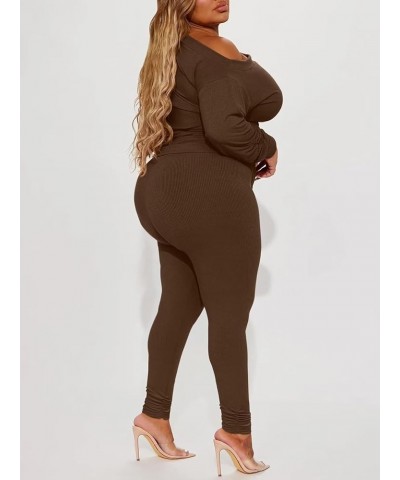 Sexy 2 Piece Outfits for Women One Off Shoulder Tops Ribbed Pant Set Tracksuit Clubwear 6016-coffee $21.41 Jumpsuits