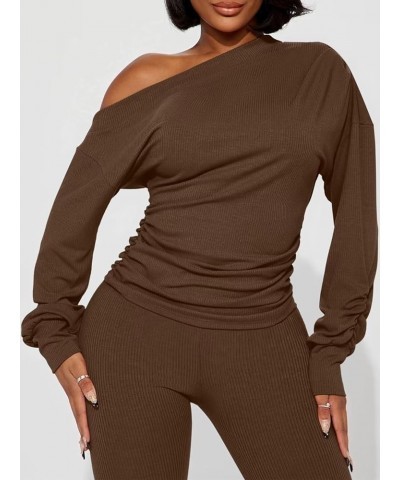 Sexy 2 Piece Outfits for Women One Off Shoulder Tops Ribbed Pant Set Tracksuit Clubwear 6016-coffee $21.41 Jumpsuits