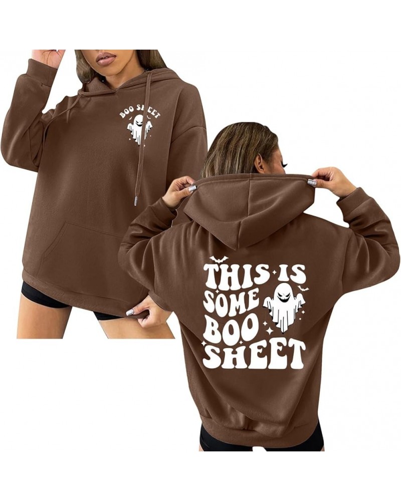 This is Some Boo Sheet Halloween Sweatshirts for Women Ghost Letter Graphic Pullover Tops Casual Long Sleeve Shirts E06-brown...