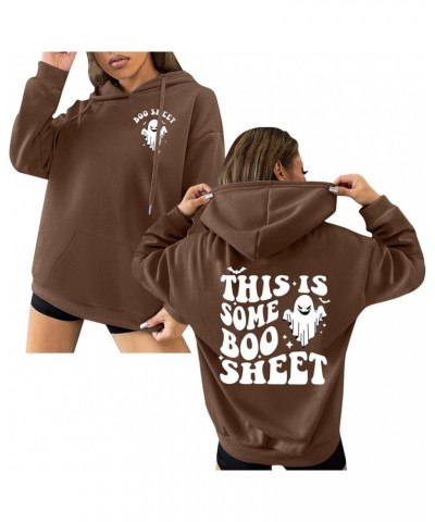 This is Some Boo Sheet Halloween Sweatshirts for Women Ghost Letter Graphic Pullover Tops Casual Long Sleeve Shirts E06-brown...