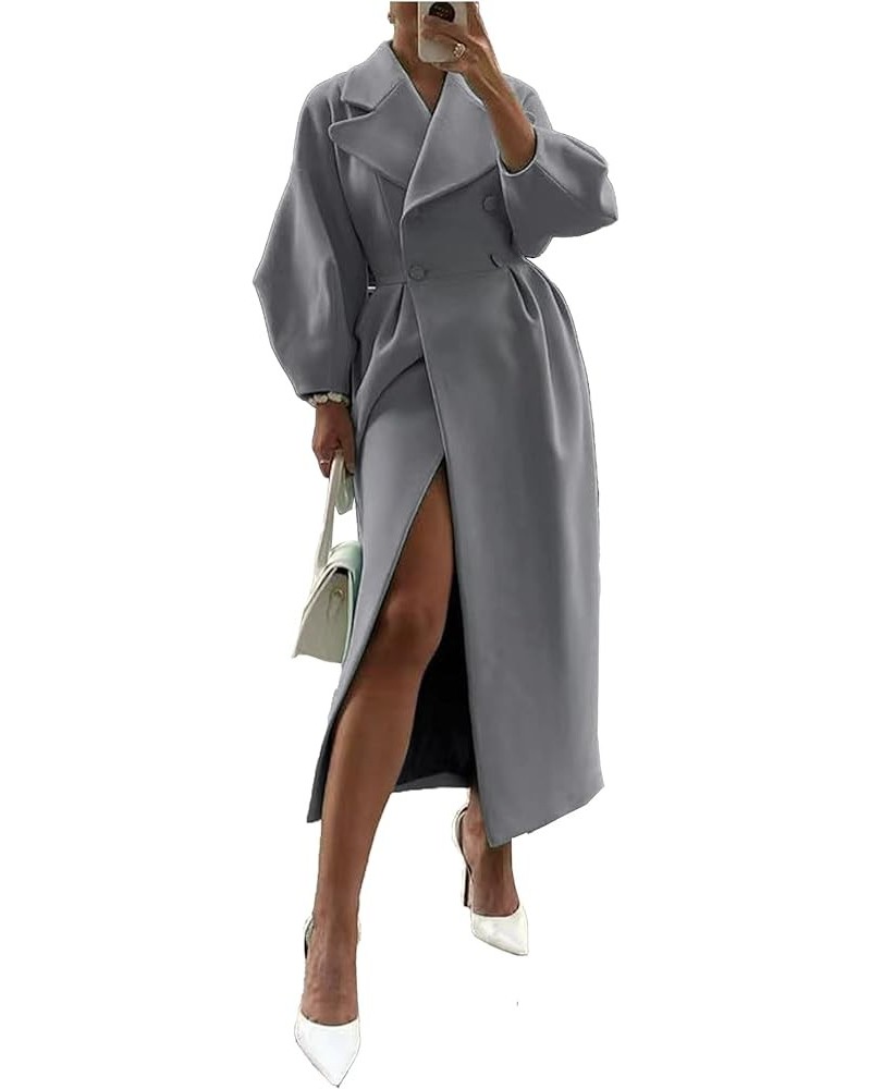 Women's Casual Trench Coat Double Breasted Notched Lapel Long Lantern Sleeve Jacket Overcoat Pea Coat Gray $19.60 Coats