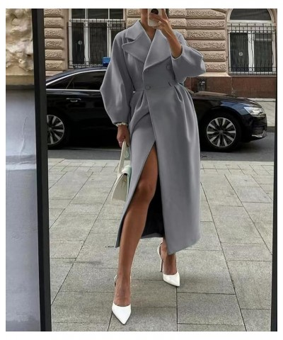 Women's Casual Trench Coat Double Breasted Notched Lapel Long Lantern Sleeve Jacket Overcoat Pea Coat Gray $19.60 Coats