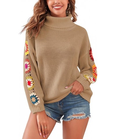 Flower Turtleneck Sweater for Women Crochet Regan Sleeve Sweaters Trendy Pullover Knitwear Printed-khaki $21.16 Sweaters