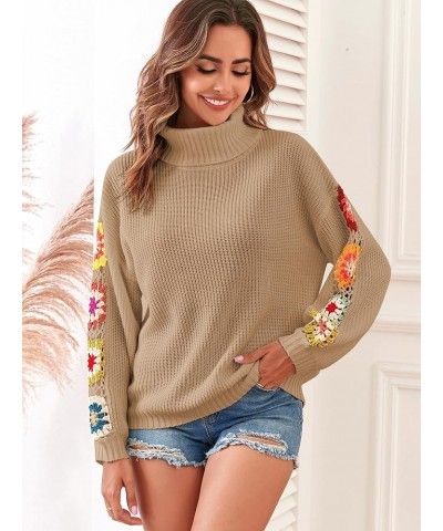 Flower Turtleneck Sweater for Women Crochet Regan Sleeve Sweaters Trendy Pullover Knitwear Printed-khaki $21.16 Sweaters