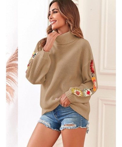 Flower Turtleneck Sweater for Women Crochet Regan Sleeve Sweaters Trendy Pullover Knitwear Printed-khaki $21.16 Sweaters