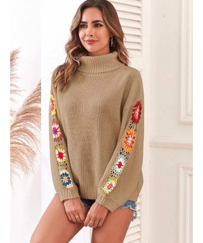 Flower Turtleneck Sweater for Women Crochet Regan Sleeve Sweaters Trendy Pullover Knitwear Printed-khaki $21.16 Sweaters