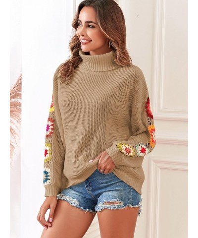 Flower Turtleneck Sweater for Women Crochet Regan Sleeve Sweaters Trendy Pullover Knitwear Printed-khaki $21.16 Sweaters