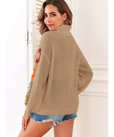 Flower Turtleneck Sweater for Women Crochet Regan Sleeve Sweaters Trendy Pullover Knitwear Printed-khaki $21.16 Sweaters