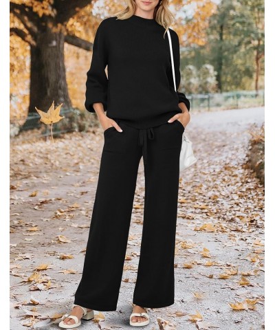 Women's 2 Piece Outfits Sweater Set Long Sleeve Mock Neck Knit Pullover and Wide Leg Pants Lounge Sets Sweatsuit Black $24.74...