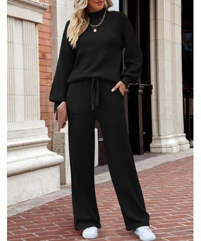 Women's 2 Piece Outfits Sweater Set Long Sleeve Mock Neck Knit Pullover and Wide Leg Pants Lounge Sets Sweatsuit Black $24.74...