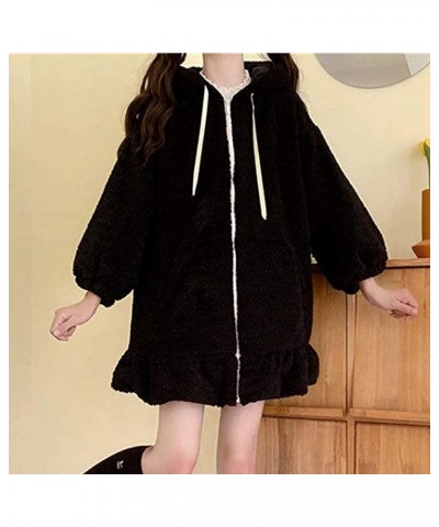 Cute Kawaii Bunny Hoodie Jacket Coats for Women Fashion Japanese Kawaii Fuzzy Fluffy Rabbit Hooded Sweatshirt Outwear (Black,...