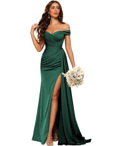 Women's Off Shoulder Ruched Bridesmaid Dresses Long with Slit Satin Formal Prom Dress VS018 Peacocok $24.80 Dresses