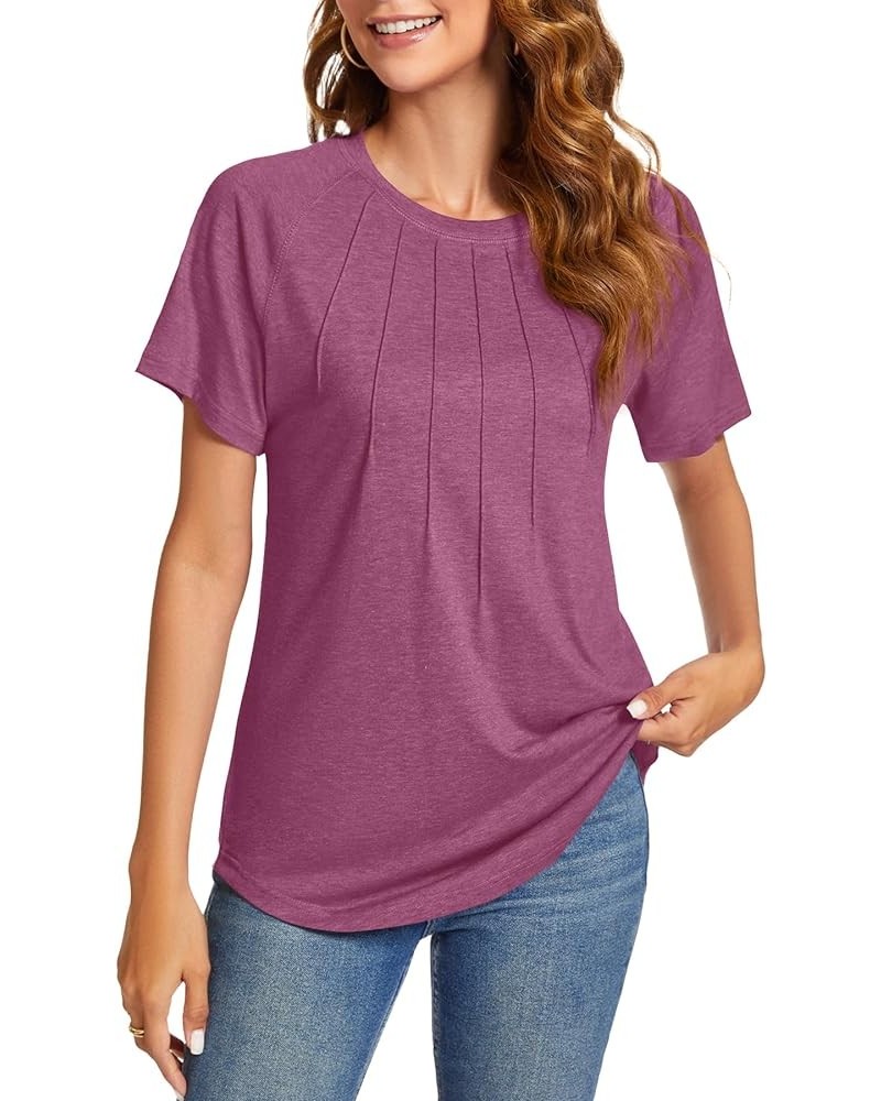 Womens Summer Tops Casual Short Sleeve Shirts Dressy Blouses Trendy Pleated Tunic Purplish Red $10.59 Tops