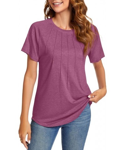 Womens Summer Tops Casual Short Sleeve Shirts Dressy Blouses Trendy Pleated Tunic Purplish Red $10.59 Tops