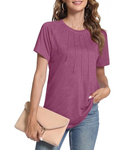 Womens Summer Tops Casual Short Sleeve Shirts Dressy Blouses Trendy Pleated Tunic Purplish Red $10.59 Tops